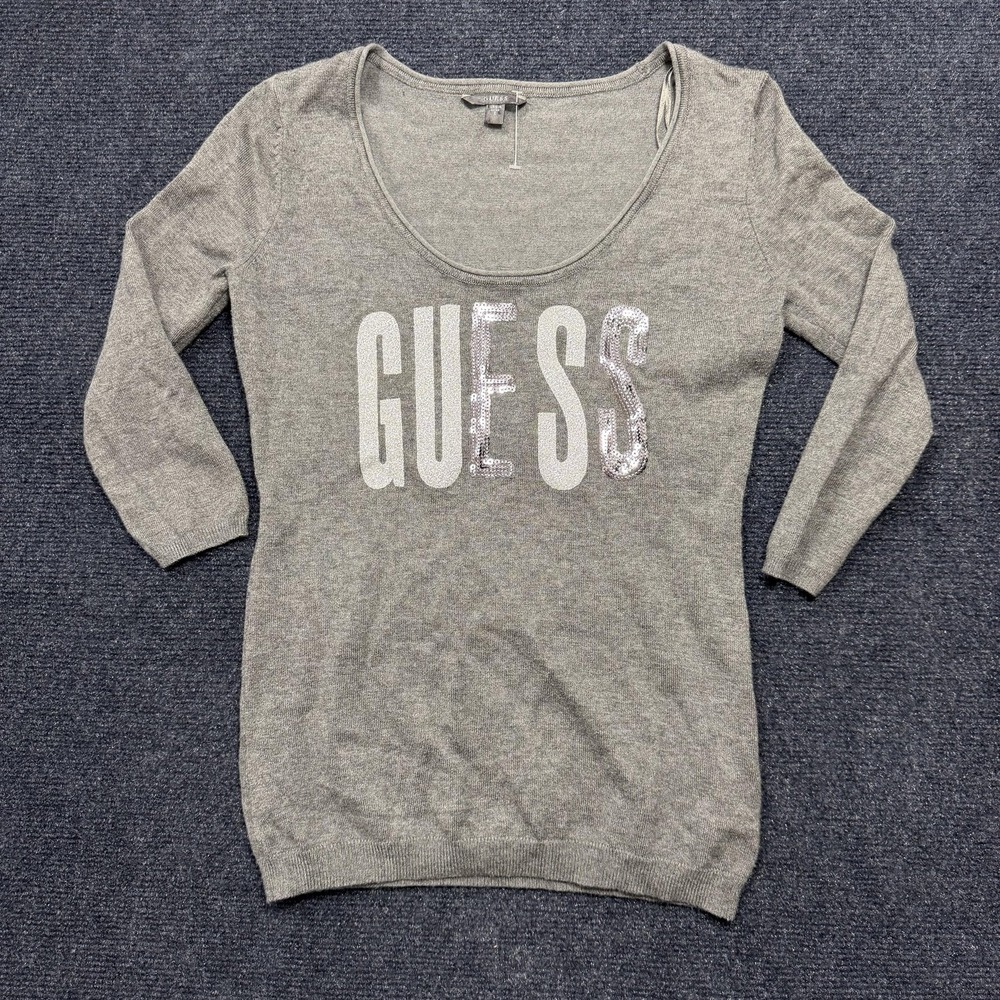 Y2K Guess Sweater Womens Small Gray Scoop Neck Sequin Logo Tight-Knit Pullover